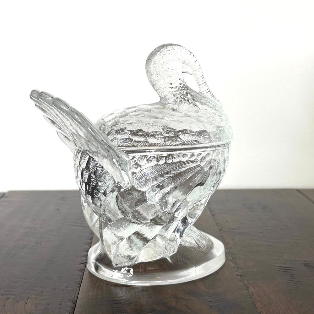 Vintage LE Smith Tom Turkey Nest Candy Dish with Lid Glass Thanksgiving Decor